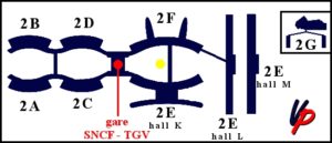 I moduli del terminal 2 con l’indicazione delle posizioni della stazione ferroviaria (gare SNCF – TGV)e della stazione dei bus al suo servizio