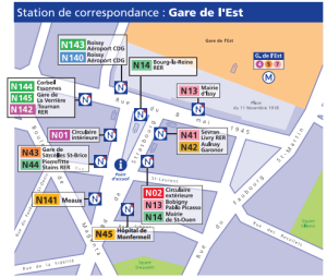 Mappa dei punti di partenza e di passaggio dei bus Noctilien nei pressi della gare de l'Est