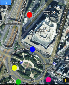 Vista satellitare di Porte Maillot con indicazioni: del capolinea del bus ufficiale per Beauvais e delle fermate dei bus Noctilien Immagine tratta da Google Maps – Modifiche: VP
