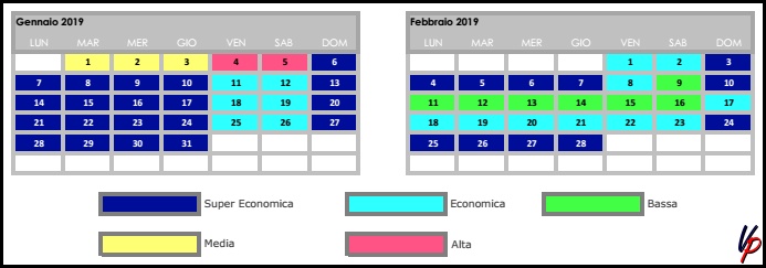 Stralcio del calendario tariffario con l’indicazione delle relative stagioni