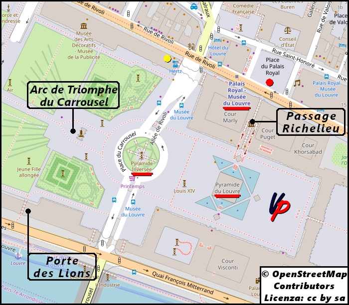 La posizione degli ingressi Passage Richelieu e Porte des Lions rispetto alla Pyramide du Louvre. Il punto rosso indica l’uscita 1 della stazione Palais Royal – Musée du Louvre, mentre quello giallo l’ingresso principale della galerie Carrousel du Louvre.