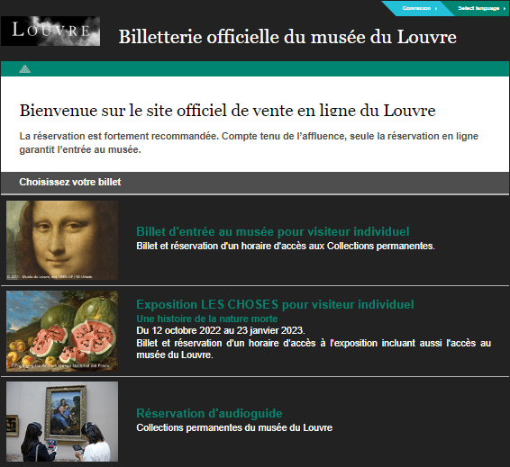 Biglietto per il Louvre: la schermata della biglietteria online del Louvre